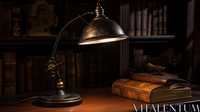 Vintage Desk Lamp and Books: Intriguing Scene AI Image