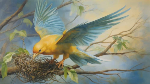 Yellow Bird Perched on Branch with Nest and Eggs