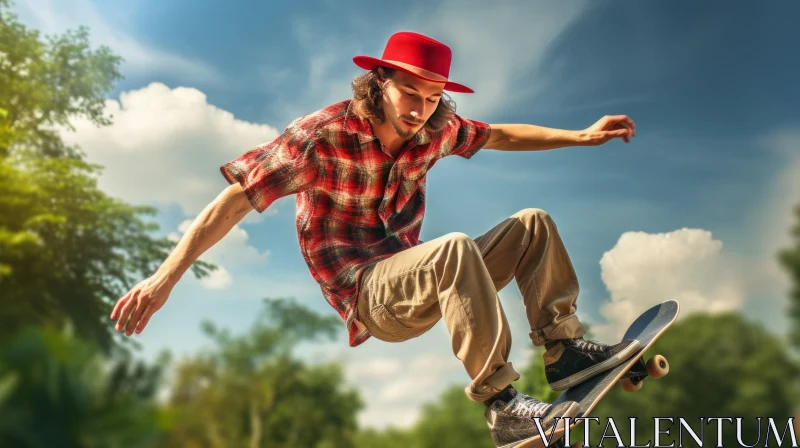 Young Man Skateboarding in Red Hat AI Image
