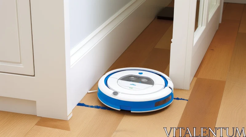 Blue and White Robot Vacuum Cleaner on Wooden Floor AI Image