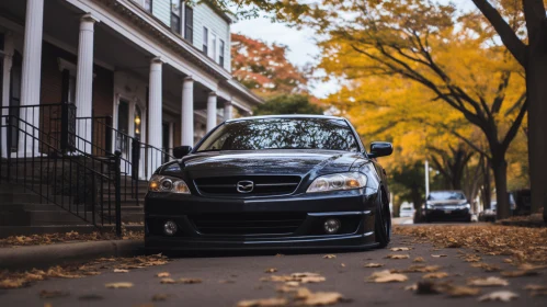 Captivating Image of a Parked Black Car on a Sidewalk with Leaves