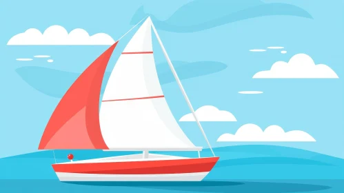Cartoon Sailboat Sailing on Blue Sea