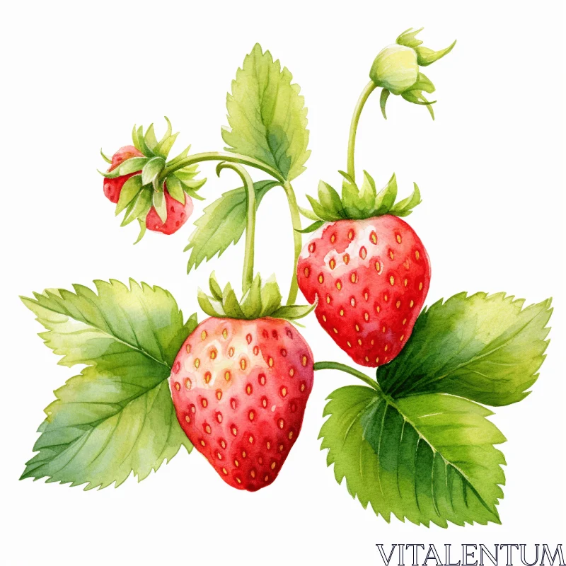 Delicate Watercolor Illustration of Three Lifelike Strawberries with Leaves AI Image