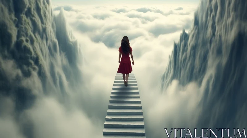 Enigmatic Woman Ascending Cloud Staircase AI Image