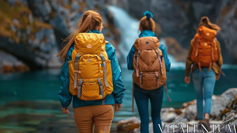 AI ART Exploring Nature: Women Hiking by Mountain River
