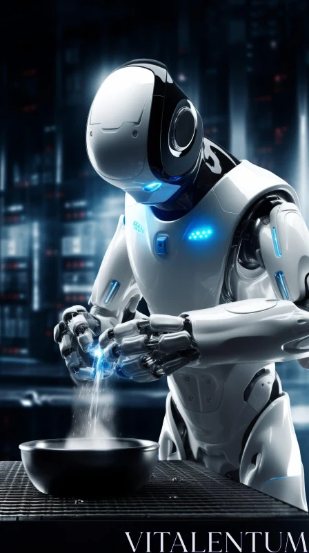 Futuristic Robot Pouring White Powder - City Background AI Image