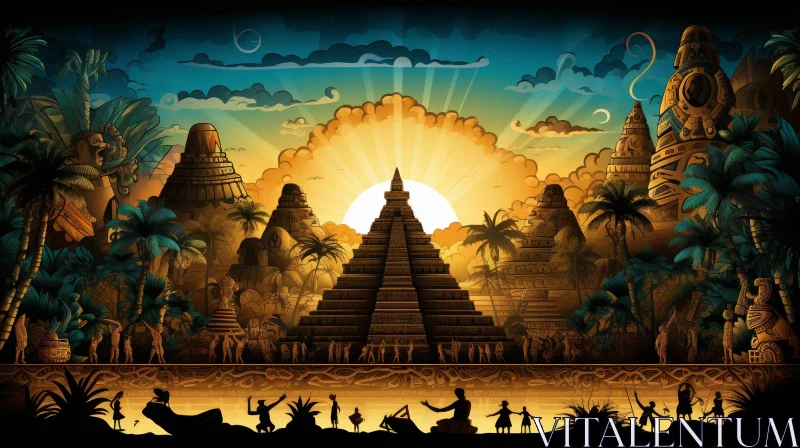 Mayan Cityscape at Sunset - Digital Painting in Jungle Setting AI Image