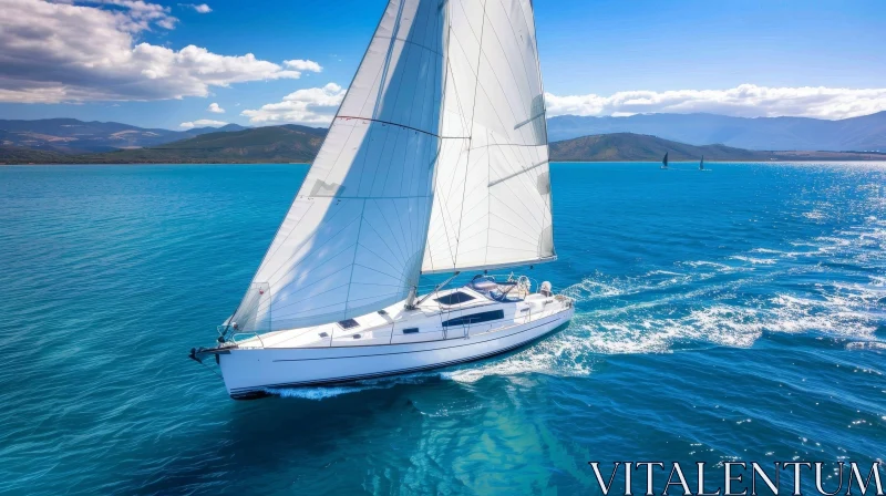 AI ART Sailboat Sailing on Blue Sea with Mountains - Serene Scene