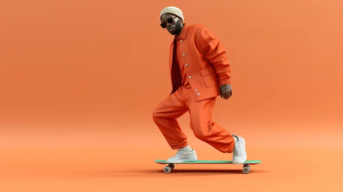 Stylish Black Man Skateboarding in Orange Suit