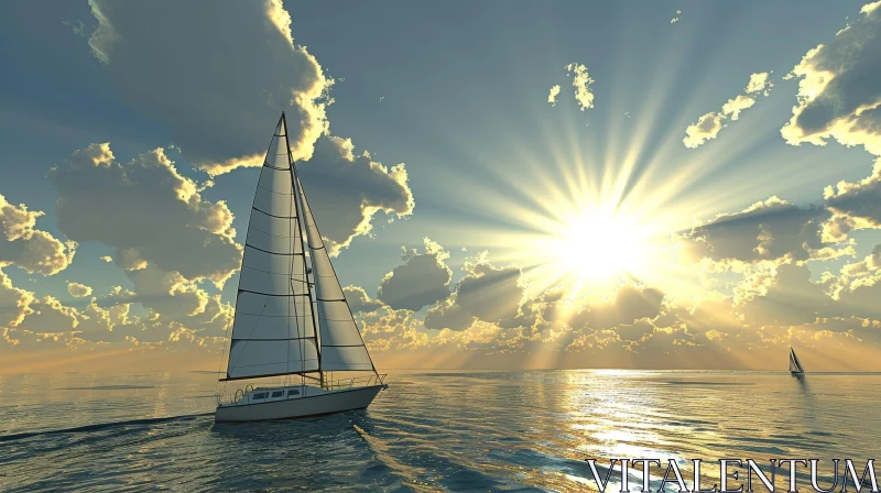 Tranquil Seascape with Sailboat at Sunrise AI Image