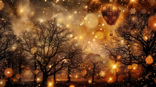 Winter Landscape with Hot Air Balloon and Stars