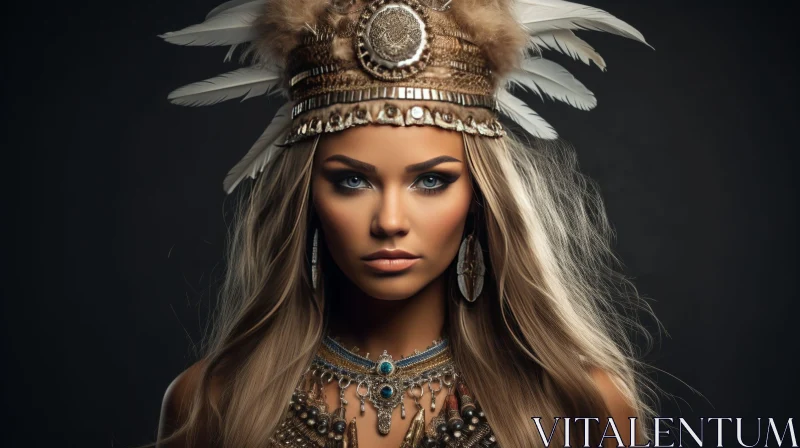 Young Woman Portrait with Native American Headdress AI Image