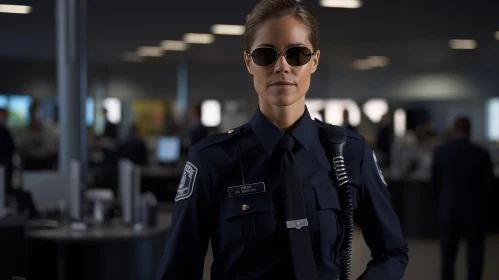 Airport Policewoman in Dark Blue Uniform