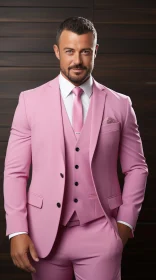 Confident Man in Pink Suit Standing Against Dark Wood Wall