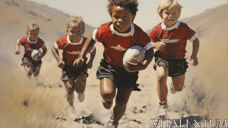 Joyful Children Running on Sandy Field AI Image