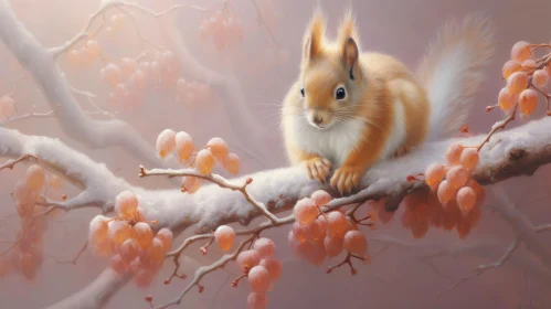 Realistic Painting of a Squirrel on a Snowy Branch