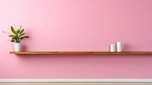 Tranquil Pink Wall with Wooden Shelf and Potted Plant