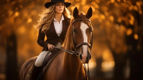 Woman Riding Horse in Autumn Forest