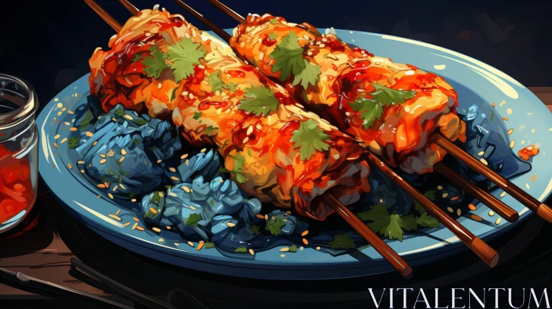 Delicious Chicken Satay Still Life on Blue Plate AI Image