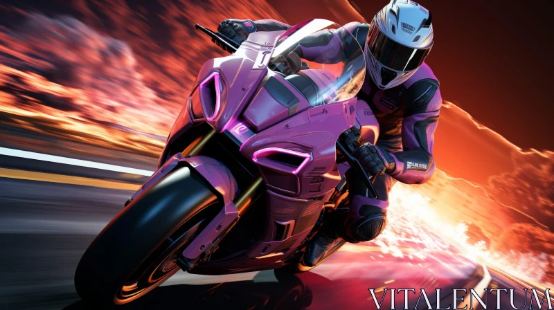 AI ART Pink Motorcycle Rider in Red Sky | Sport Image