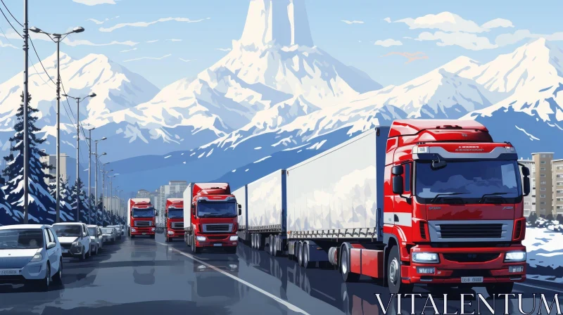 AI ART Scenic Mountain Road with Red and White Trucks