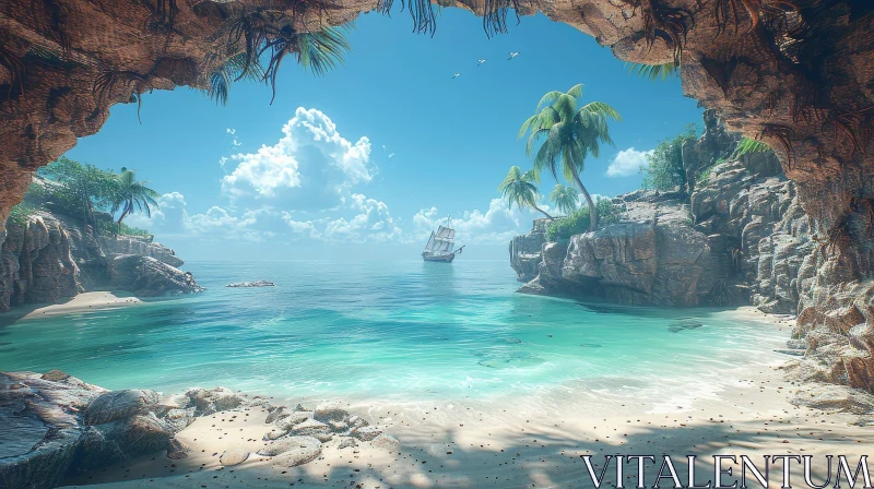 Tranquil Tropical Beach Scene with Sailing Ship AI Image