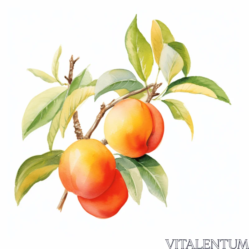 Watercolor Illustration of Ripe Peaches | Detailed Foliage | Realistic Landscapes AI Image