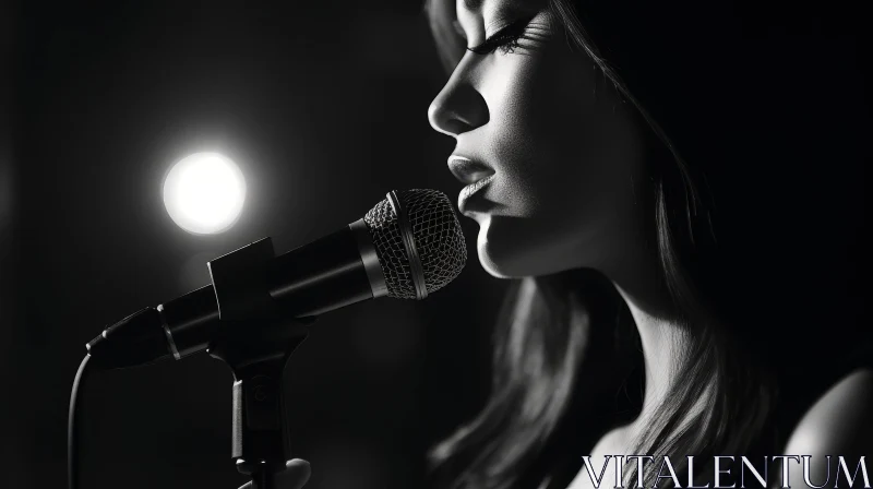 Young Woman Singing into Microphone - Black and White Portrait AI Image