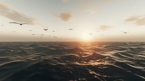 Birds Flying Over Ocean at Sunset