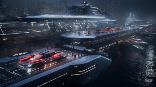 Black Futuristic Yacht in City at Night
