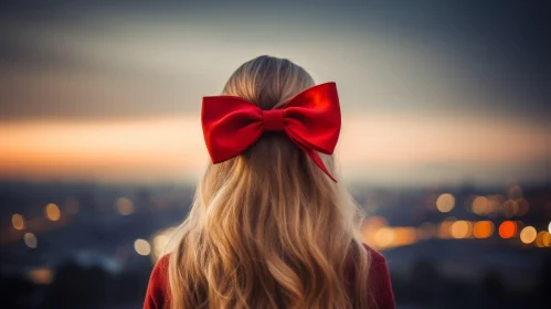 Blond Woman in Red Sweater with Bokeh Background