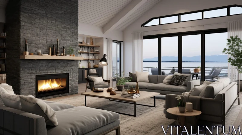 Modern Living Room with Fireplace and Lake View AI Image