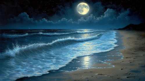 Night Seascape with Full Moon and Gentle Waves