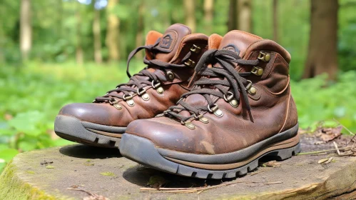 Rustic Brown Leather Hiking Boots in Forest Setting