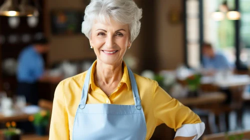 Smiling Elderly Woman in Yellow Blouse - Restaurant Scene