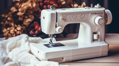 White Vintage Sewing Machine on Wooden Table