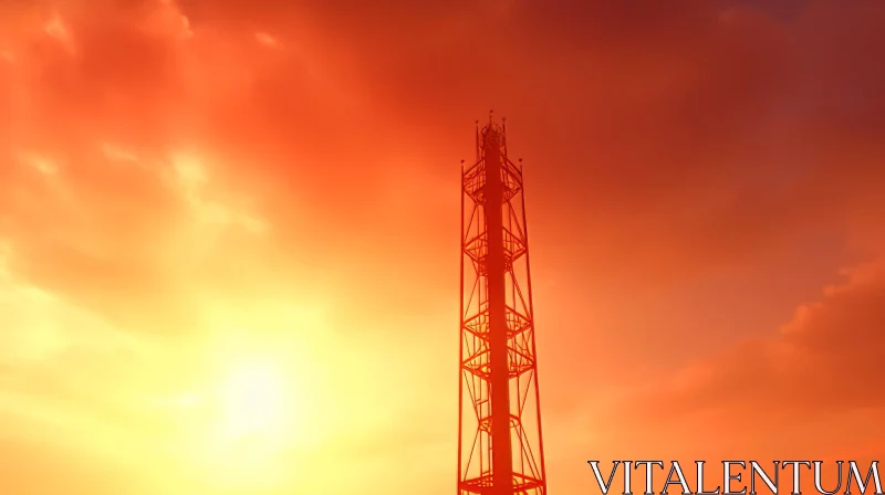 Fiery Sunset Tower - Intricate Metalwork Against Colorful Sky AI Image