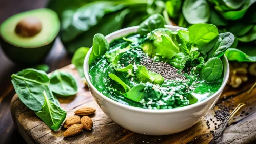 Green Smoothie Bowl on Wooden Table