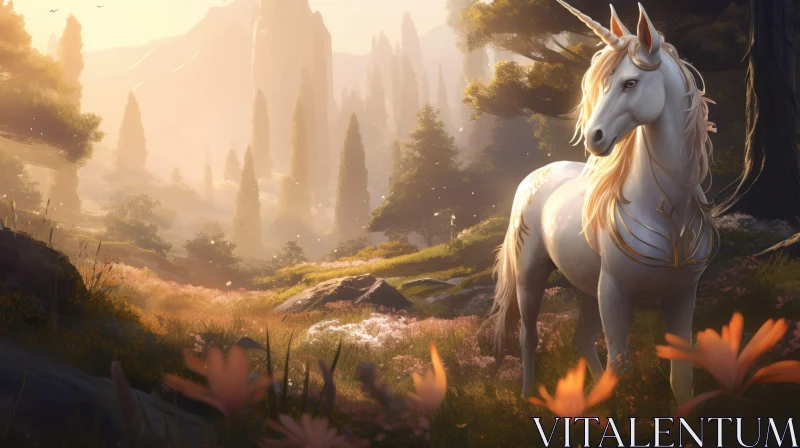 Majestic Unicorn in Enchanted Landscape AI Image
