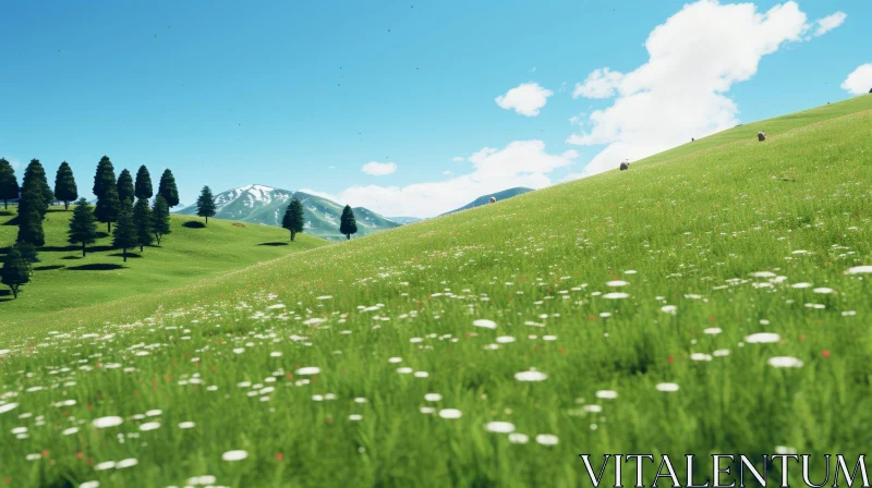 AI ART Serene Mountain Landscape with Grassy Hill and Snow-Capped Range