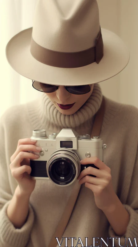 Stylish Woman with Film Camera - Close-Up Shot AI Image