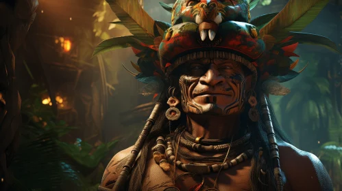 Traditional Man with Feathers and Face Paint in Jungle Setting