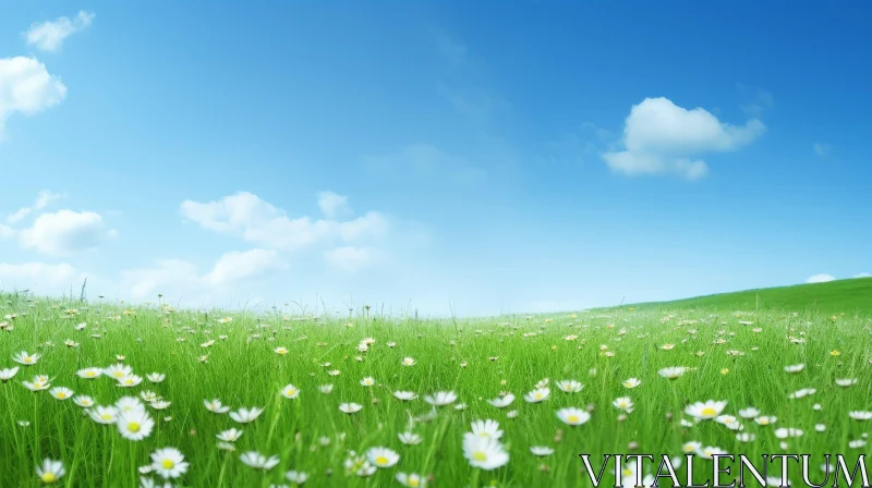 Tranquil Green Field with White Daisies under Blue Sky AI Image