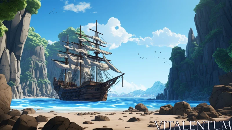 Tranquil Seascape with Wooden Ship and Rocky Beach AI Image