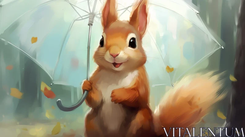 Whimsical Squirrel with Umbrella in Forest AI Image