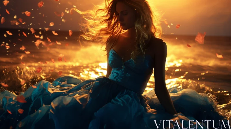 AI ART Young Woman in Blue Dress at Beach During Sunset