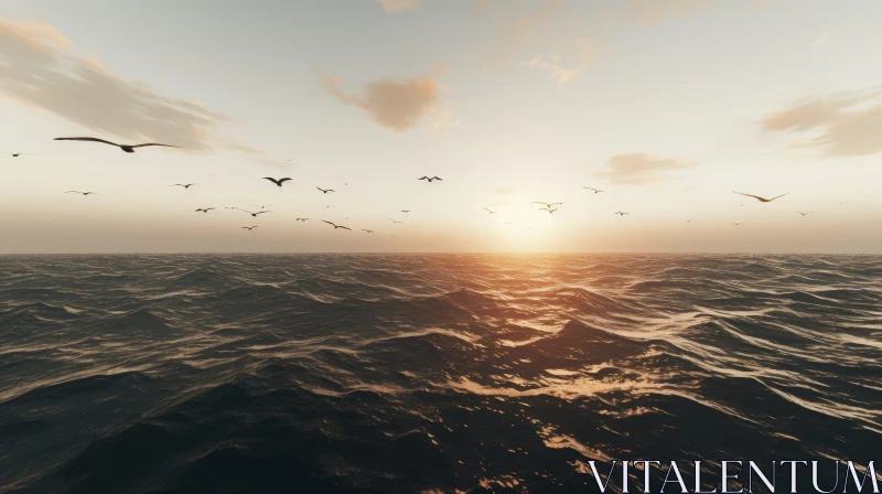 Birds Flying Over Ocean at Sunset AI Image