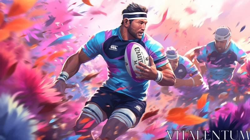 AI ART Dynamic Rugby Player Painting in Blue and Pink Uniform