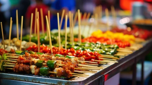 Night Market Food Stall Scene with Grilling Skewers