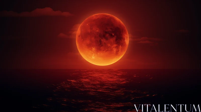 Red Moon Rising Over Azure Ocean AI Image